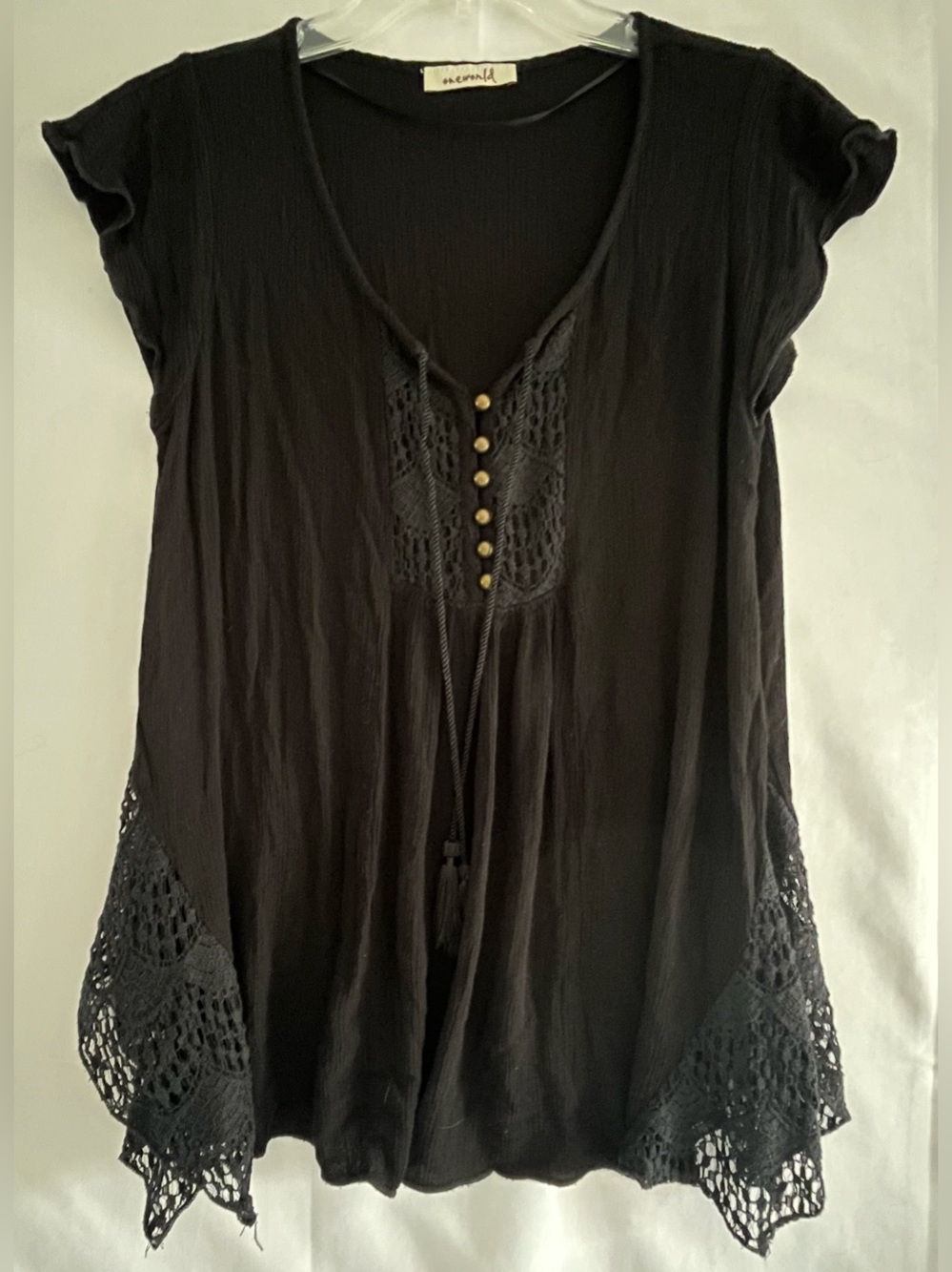 Oneworld Black Boho Crochet Trim Tassel Top